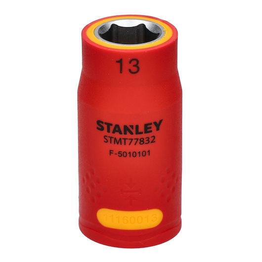 STANLEY STMT77832 insulated socket, red with yellow accents, 13mm size, photographed from front on white background.