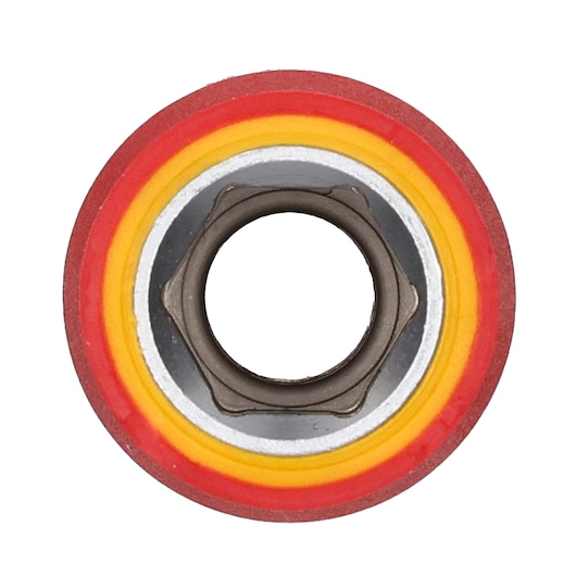 STANLEY STMT77832-LA grinding wheel with red and yellow layers, top view on white background, tool accessory.