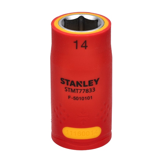 STANLEY STMT77833-LA red insulated socket, 14mm size, front angle, white background, hand tool accessory.