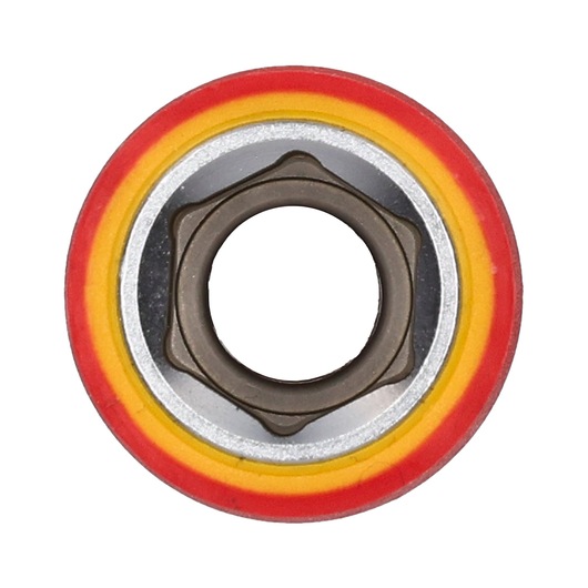 STANLEY STMT77833-LA round metal socket with red and yellow rubber rings, top view, photography.