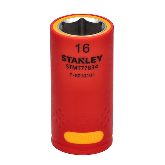 STANLEY STMT77834-LA red insulated socket, 16 mm, product category photography, front angle on white background.