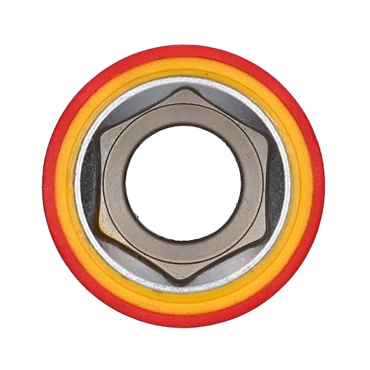 STANLEY STMT77834-LA socket with red and yellow rubber rings, top view on white background.