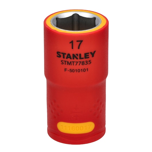 Photo of STANLEY STMT77835 insulated 17mm socket, red and yellow, upright, on white background.
