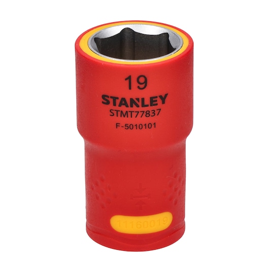 STANLEY STMT77837 insulated red socket, 19mm, close-up on white background.