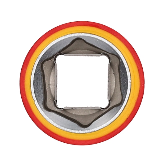 STANLEY STMT77837-LA socket with red and yellow bands, top view, metal construction, photography on white background.