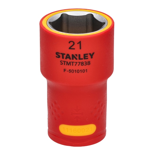 STANLEY STMT77838 insulated red socket, 21mm size, front angle on white background.