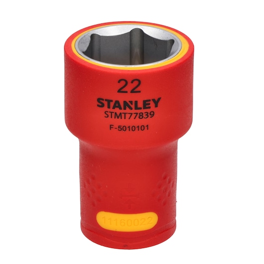STANLEY STMT77839 socket, red insulated, 22mm, close-up photo on white background.