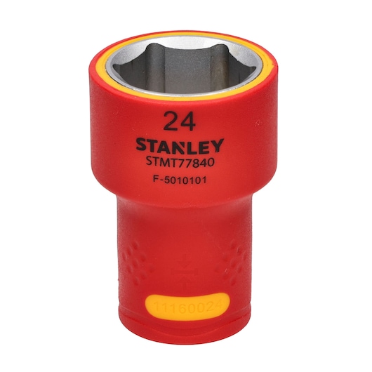 Photo of a STANLEY STMT77840-LA insulated socket, red and yellow, shown upright on white background.