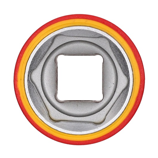 STANLEY STMT77840-LA socket with silver body, yellow and red rings, top view on white background.