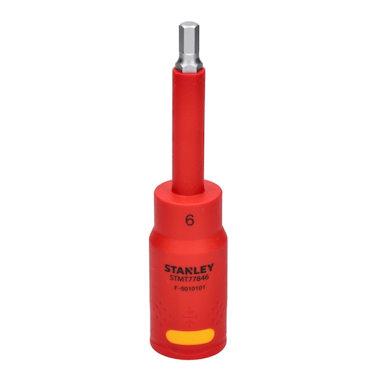 STANLEY STMT77846-LA insulated red nut driver with yellow accent, front angle on white background.