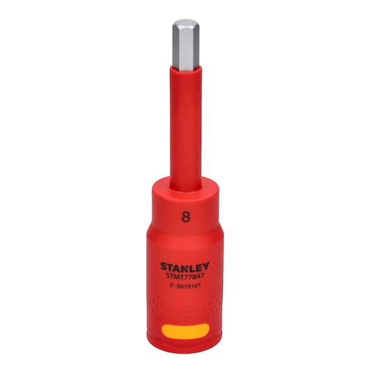 STANLEY STMT77847-LA red insulated nut driver, size 8mm, front angle on white background.