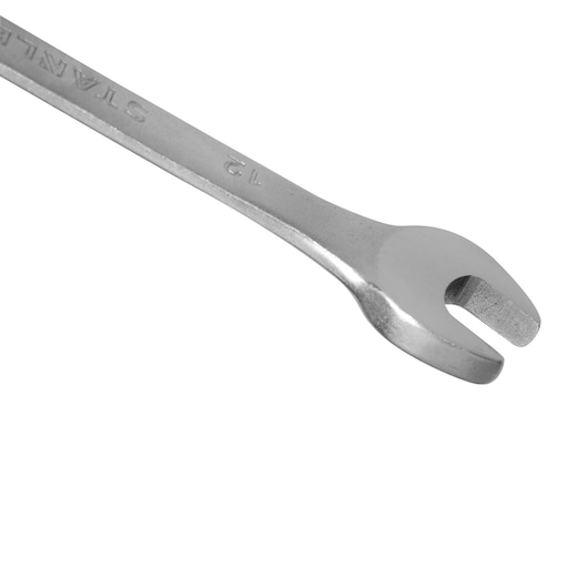 STANLEY STMT80222-840 silver open-end wrench, photography, angled on white background.