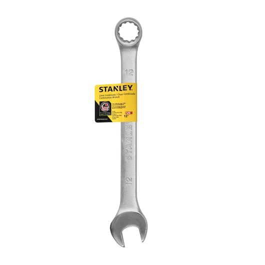 STANLEY STMT80222-840 combination wrench, silver with yellow label, front view on white background.