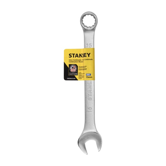STANLEY STMT80225-840 combination wrench 15mm, silver finish, front angle on white background.