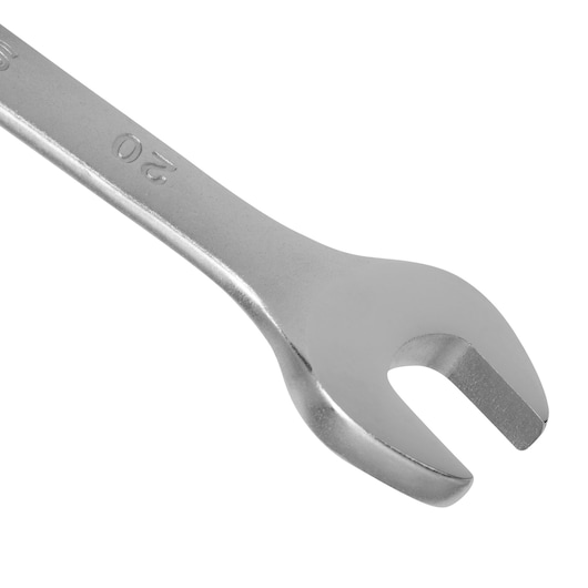 STANLEY STMT80234-840 open-end wrench close-up on white background, showing silver metal finish