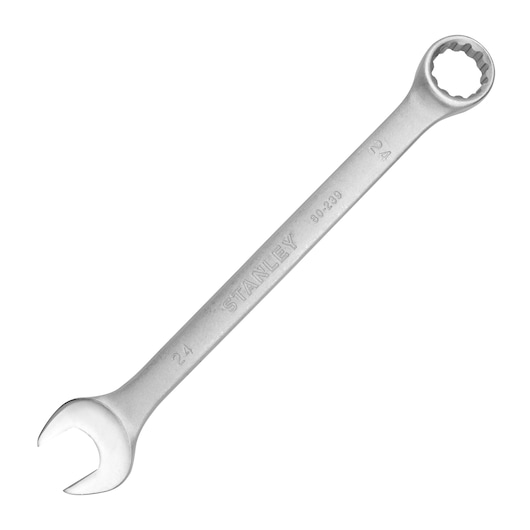 STANLEY STMT80239-840 combination wrench, silver steel, open end and 12-point box end, product angle on white background.