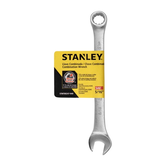 STANLEY STMT80247-840 combination wrench 5/16 inch, silver, front angle, with yellow product label.