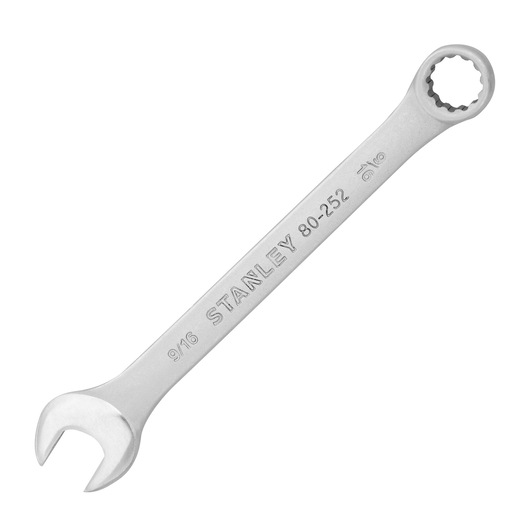 STANLEY STMT80252-840 combination wrench with open and box ends, silver, top angle, tool photography.