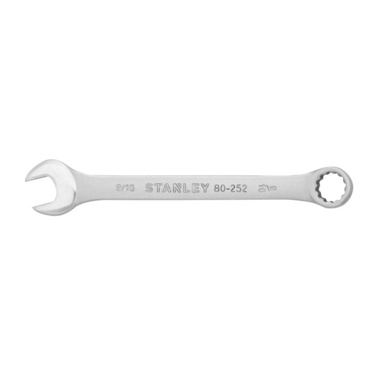 STANLEY STMT80252-840 combination wrench, silver, open-end and box-end, top view on white background.
