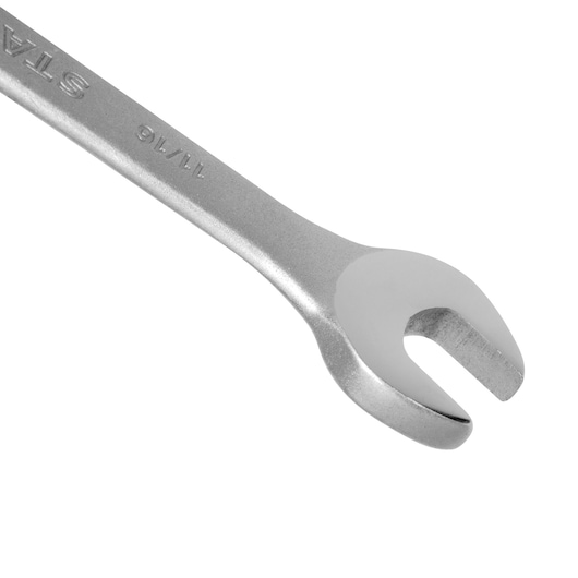 STANLEY STMT80254-840 open-end wrench, silver finish, close-up angle on white background.