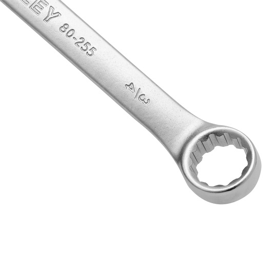 Photo of STANLEY STMT80255-840 box-end wrench in silver, close-up on white background.