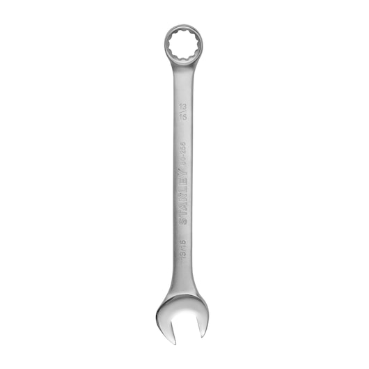 Photo of STANLEY STMT80256-840 combination wrench, silver color, open-end and box-end, top view on white background.