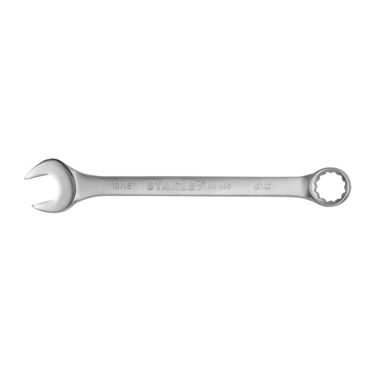STANLEY STMT80256-840 combination wrench, silver finish, open end and box end, top view on white background.