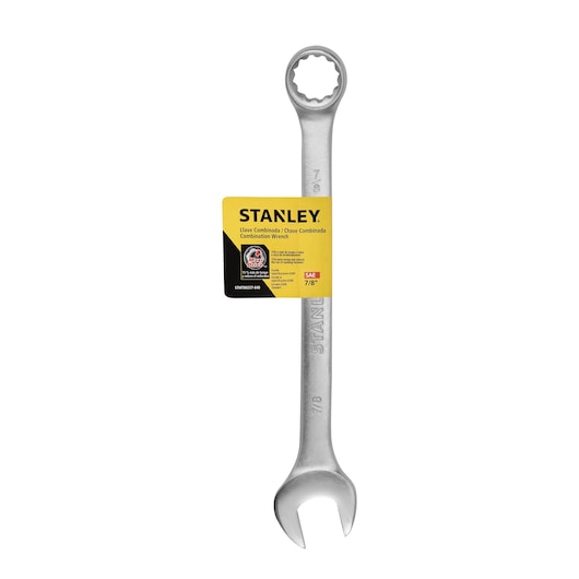 Stanley STMT80257-840 combination wrench 7/8 in, front angle, metal tool with yellow label on white background.