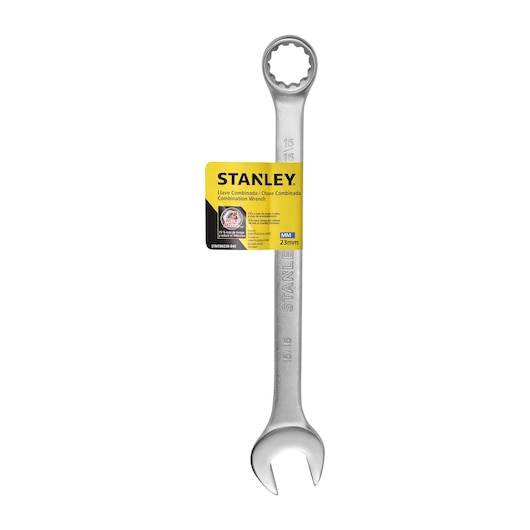 STANLEY STMT80258-840 combination wrench 23mm, silver finish, front angle, with yellow product label.