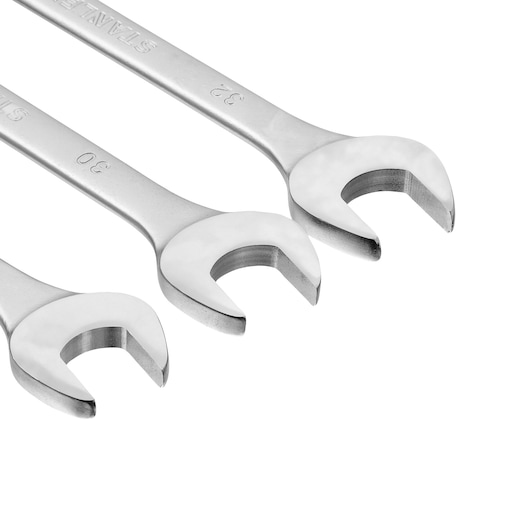 STANLEY STMT80932-840 open-end wrenches photography, silver metal, top angle, three pieces.
