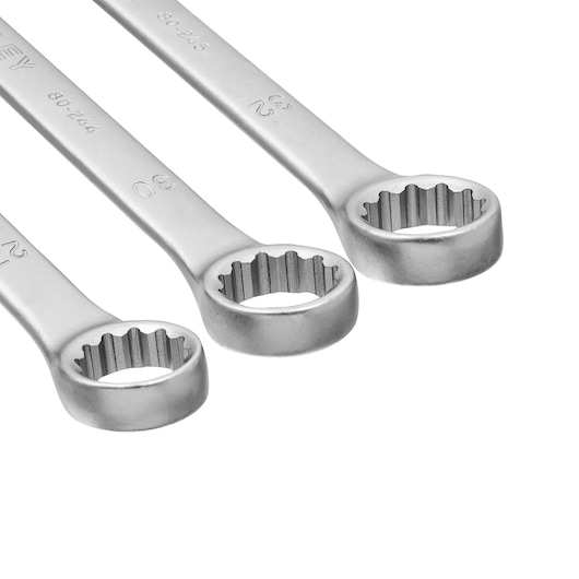 STANLEY STMT80932-840 wrench set, silver finish, side angle, three box-end wrenches photography.