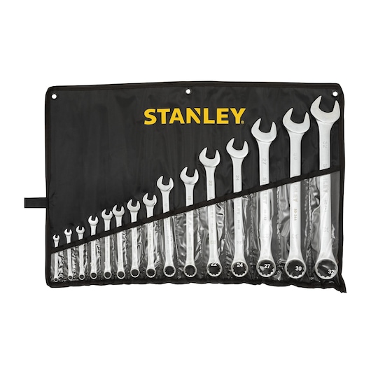 STANLEY STMT80932-840 combination wrench set with 16 pieces in a black roll-up pouch, top view on white background.