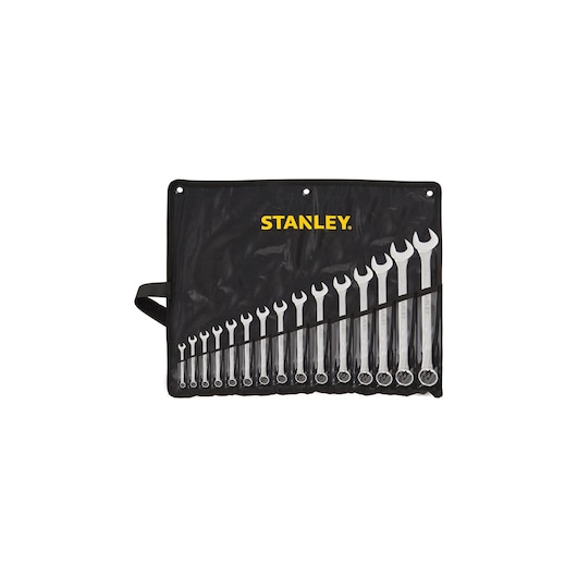 STANLEY STMT80934-840 wrench set in black roll-up pouch, front angle, showing 20 chrome wrenches in graduated sizes.