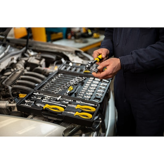 STANLEY 110pcs Multi tool set in use on car workshop