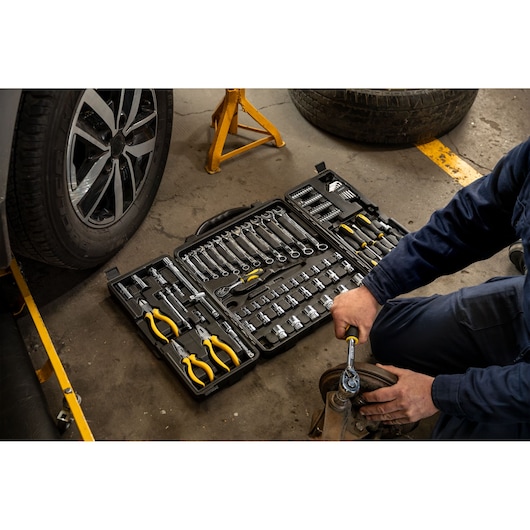 STANLEY 110pcs Multi tool set in use on car workshop