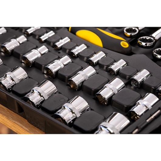 STANLEY STMT81243-LA socket set in black case, close-up view showing chrome sockets and yellow-black handle.