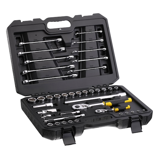 STANLEY STMT82832-LA mechanic tool set with sockets, wrenches, and ratchets in a black hard case, front angle.