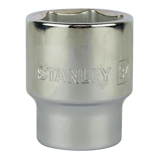 Stanley 34mm chrome socket for wrenches, cylindrical shape, used in mechanical and automotive applications.