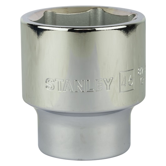 Stanley chrome socket tool with engraved size marking, used for tightening bolts and nuts.