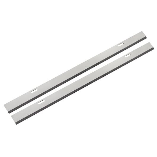 STANLEY STP182 metal planer blade set, photography, top view, silver color, two blades with slot holes