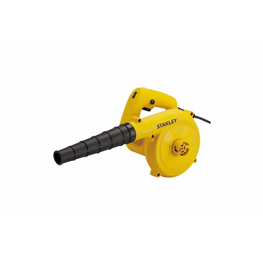 Photo of STANLEY STPT600 electric blower, yellow with black nozzle, shown at a side angle on white background.