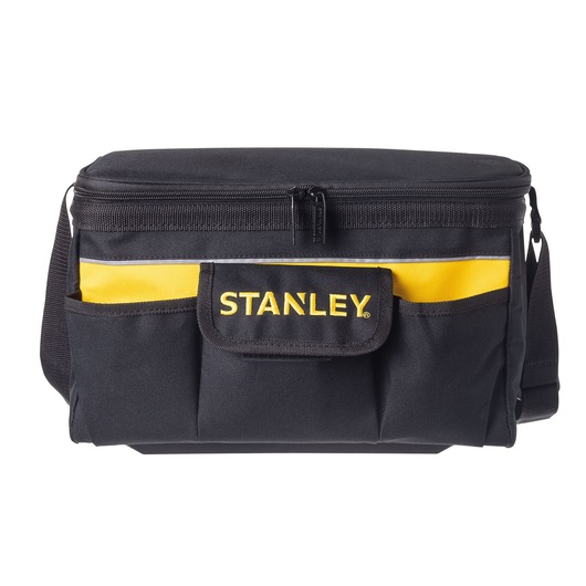 STANLEY STST1-73615 black and yellow tool bag, front angle, with multiple pockets and zipper.