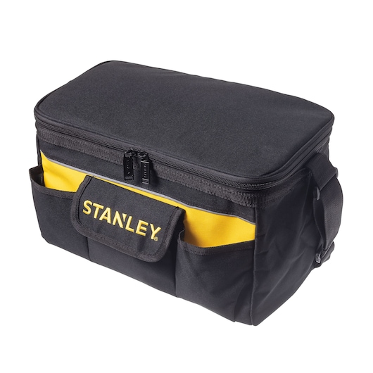 STANLEY STST1-73615 black and yellow tool bag, front angle, with zippered top and side pockets.
