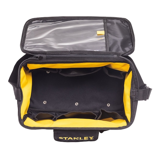 STANLEY STST1-73615 tool bag with open top, yellow interior, black exterior, photography, top view