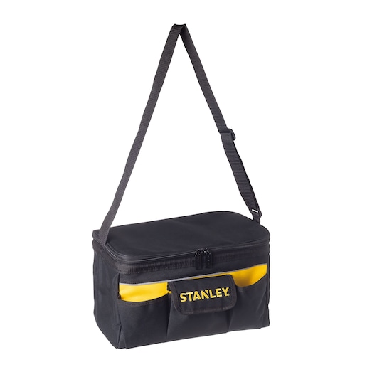 STANLEY STST1-73615 black and yellow soft tool bag with shoulder strap, front angle on white background.