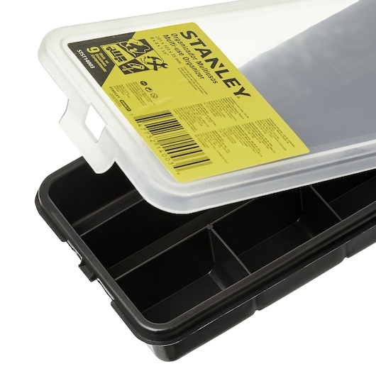 STANLEY STST14003 black plastic organizer box with clear lid, yellow label, and nine compartments, angled view.