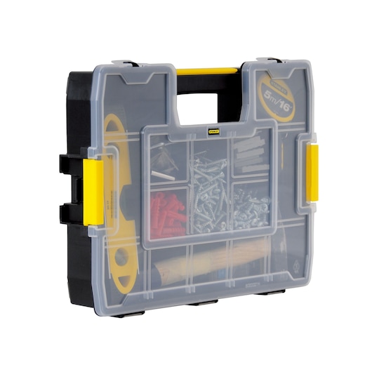 STANLEY STST14022 organizer with transparent lid, yellow latches, black body, compartments holding screws and tools, angled left.