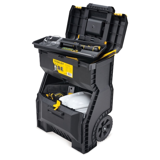 STANLEY STST18800 rolling workshop with open compartments, showing tools and safety gear, front angle.