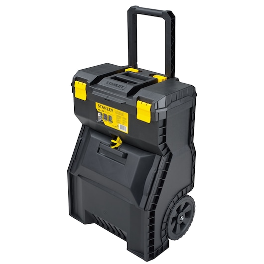 Stanley STST18800 rolling toolbox, black with yellow latches, category: Photography, front angle view.