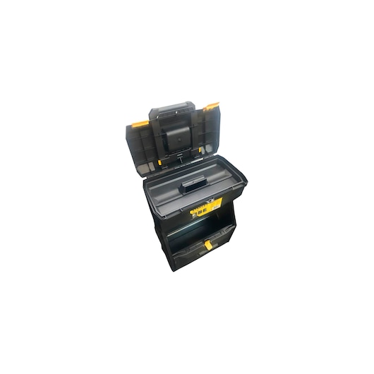 STANLEY STST18800 black tool box with open lid, yellow latch, and removable tray, front angle.